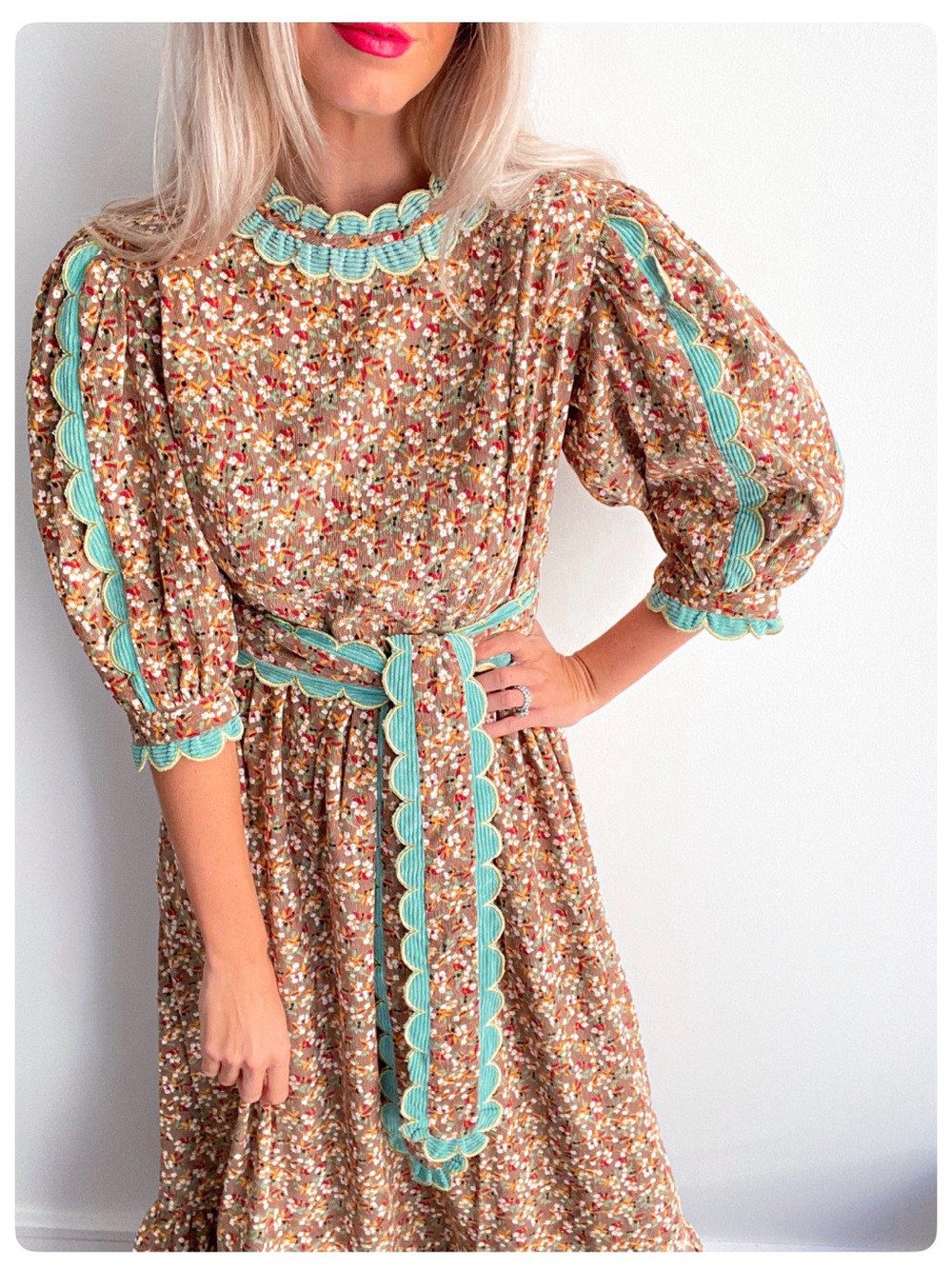 CeliaB Alamo • Floral Midi Dress with Scalloped Trim in Brown and Mint